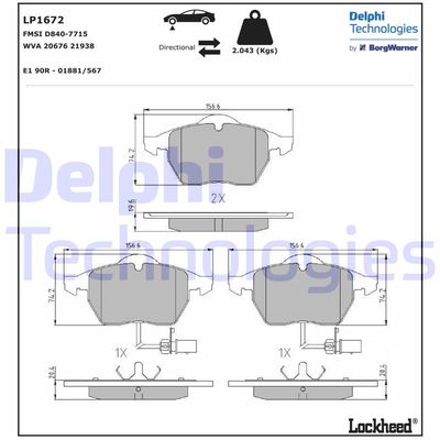 LP1672 DELPHI Комплект тормозных колодок, дисковый тормоз