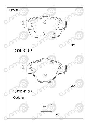 KD7254 ASIMCO Комплект тормозных колодок, дисковый тормоз