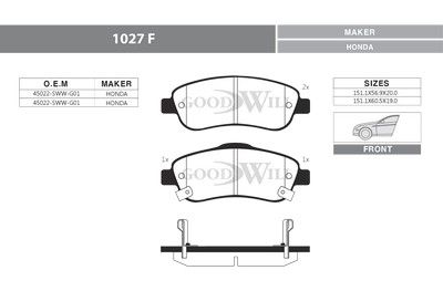 1027F GOODWILL Комплект тормозных колодок, дисковый тормоз