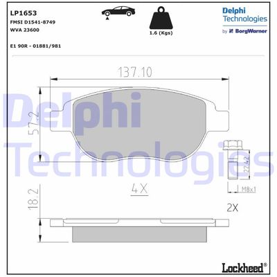 LP1653 DELPHI Комплект тормозных колодок, дисковый тормоз