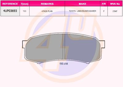 4UP03693 4u Комплект тормозных колодок, дисковый тормоз