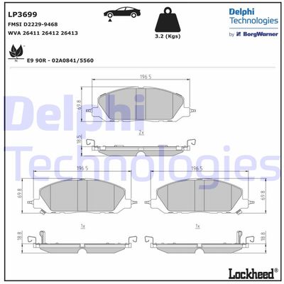 LP3699 DELPHI Комплект тормозных колодок, дисковый тормоз