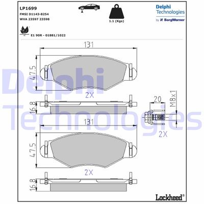 LP1699 DELPHI Комплект тормозных колодок, дисковый тормоз