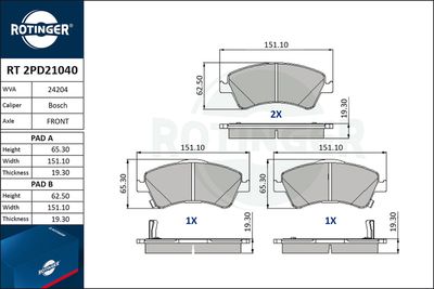 RT2PD21040 ROTINGER Комплект тормозных колодок, дисковый тормоз