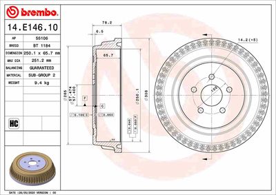  14E14610 BREMBO Тормозной барабан