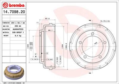  14709820 BREMBO Тормозной барабан